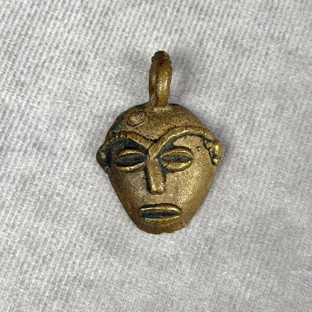 Vintage African Brass Mask Pendant Hand Cast Tribal Face Charm 1.5 Inch